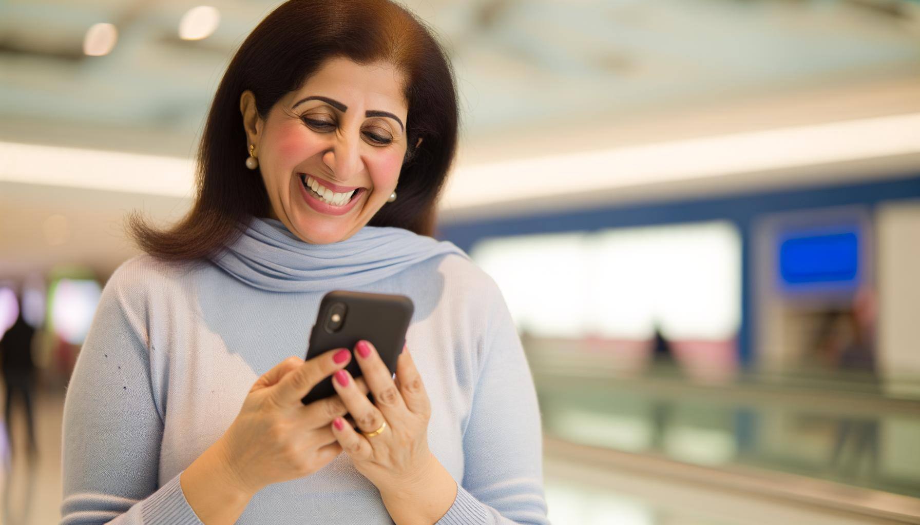 Person smiling while using mobile
